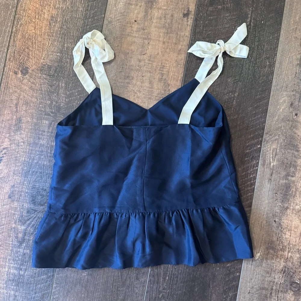 J. Crew Silk Navy Camisole with Cream Ribbon Straps Size 6